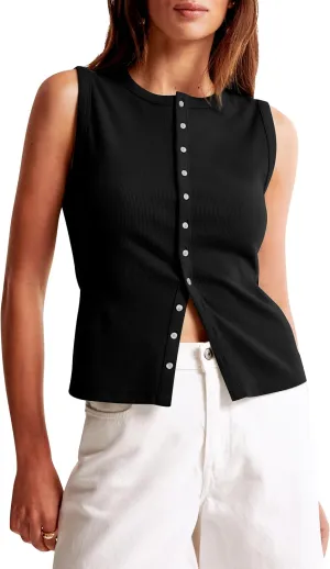 Cioatin Women Ribbed Button Down Tank Tops Sleeveless Crew Neck Slim Fit Open Front Crop Vest Going Out Y2K Clothes
