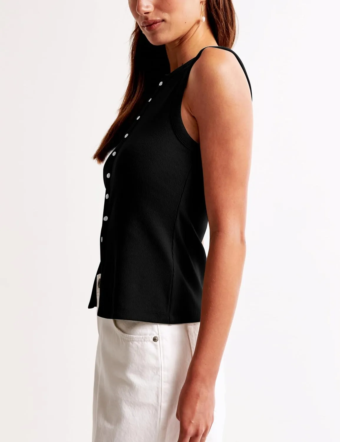 Cioatin Women Ribbed Button Down Tank Tops Sleeveless Crew Neck Slim Fit Open Front Crop Vest Going Out Y2K Clothes