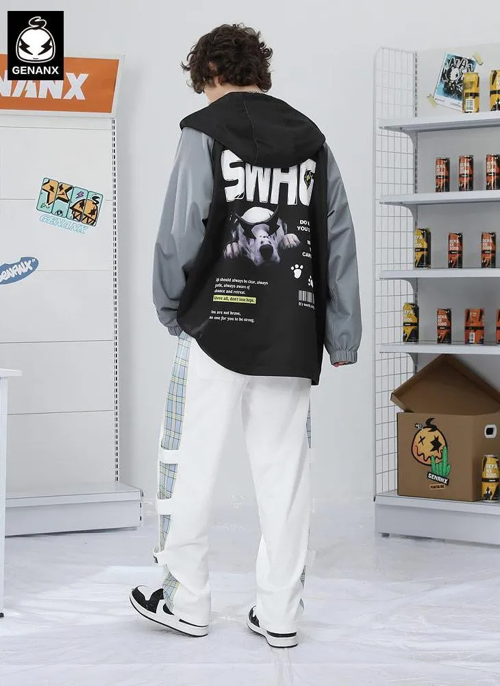 Color Block Letter Puppy Print Hooded Jacket
