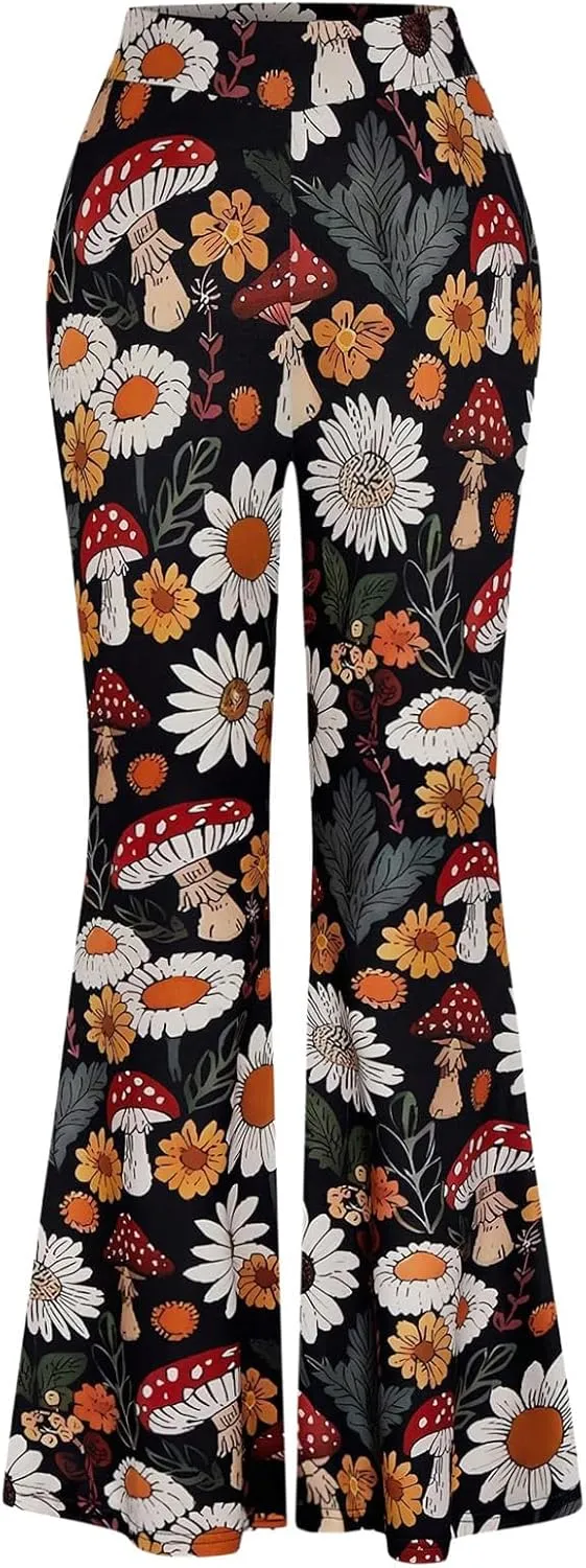 COZYEASE Women's Plus Size Floral Print Flare Pants Boho Elastic High Rise Bell Bottom Long Trousers