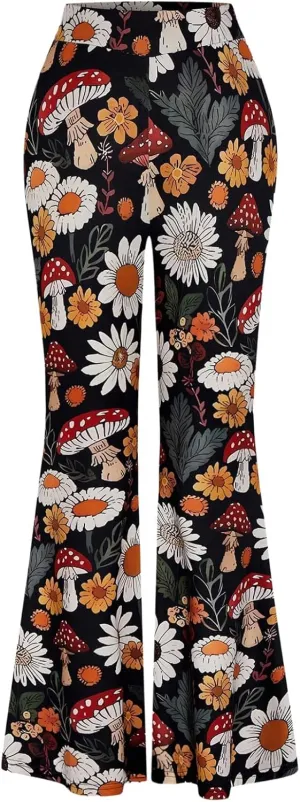 COZYEASE Women's Plus Size Floral Print Flare Pants Boho Elastic High Rise Bell Bottom Long Trousers