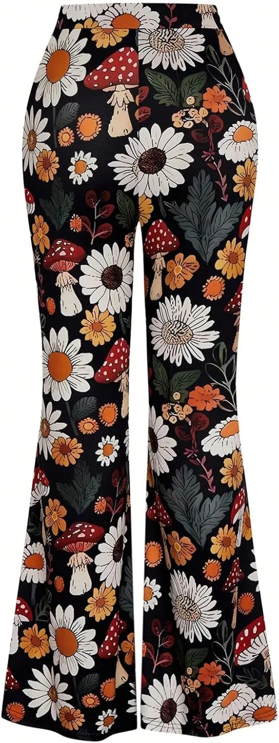 COZYEASE Women's Plus Size Floral Print Flare Pants Boho Elastic High Rise Bell Bottom Long Trousers
