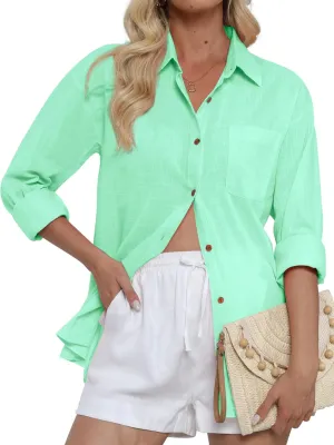 CUNLIN Women's Button Down Shirts Long Sleeve Cotton Summer Beach Wear for Women with Pocket