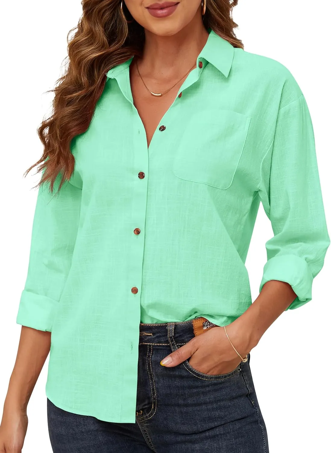 CUNLIN Women's Button Down Shirts Long Sleeve Cotton Summer Beach Wear for Women with Pocket
