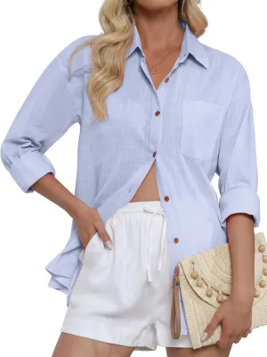CUNLIN Women's Button Down Shirts Long Sleeve Cotton Summer Beach Wear for Women with Pocket