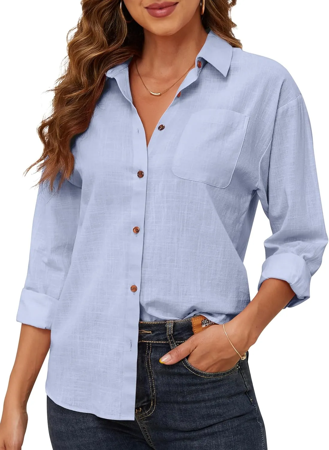 CUNLIN Women's Button Down Shirts Long Sleeve Cotton Summer Beach Wear for Women with Pocket