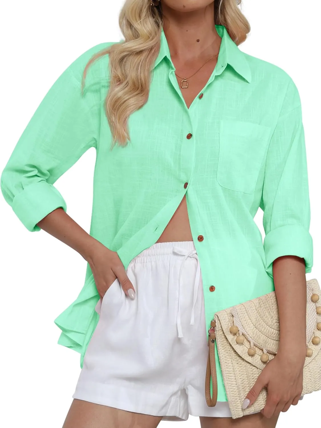 CUNLIN Women's Button Down Shirts Long Sleeve Cotton Summer Beach Wear for Women with Pocket