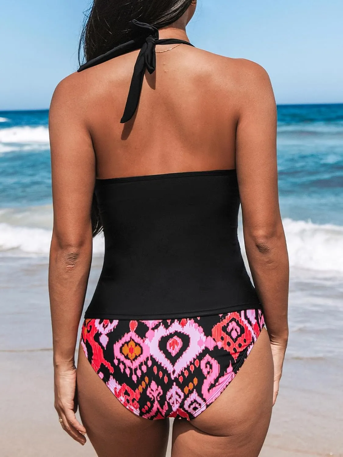CUPSHE Women's Tankini Sets Halter V Neck Two Piece Bathing Suits Adjustable Straps Mid Rise Swimwear