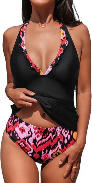 CUPSHE Women's Tankini Sets Halter V Neck Two Piece Bathing Suits Adjustable Straps Mid Rise Swimwear