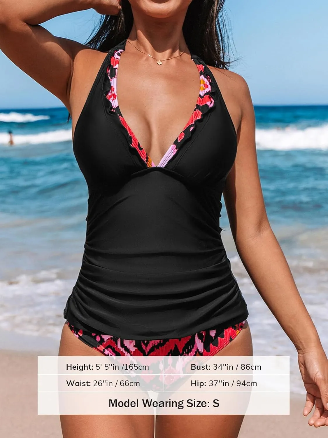 CUPSHE Women's Tankini Sets Halter V Neck Two Piece Bathing Suits Adjustable Straps Mid Rise Swimwear