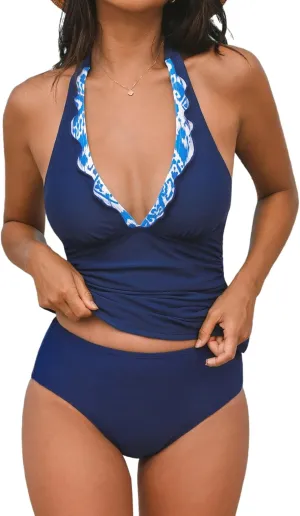 CUPSHE Women's Tankini Sets Halter V Neck Two Piece Bathing Suits Adjustable Straps Mid Rise Swimwear