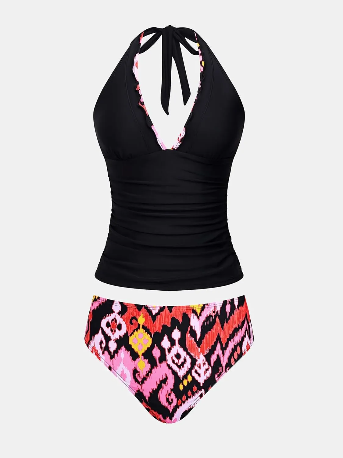 CUPSHE Women's Tankini Sets Halter V Neck Two Piece Bathing Suits Adjustable Straps Mid Rise Swimwear