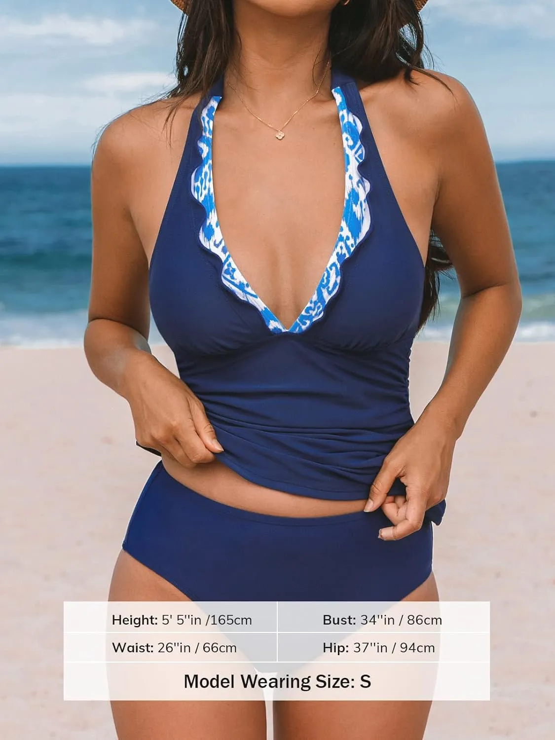 CUPSHE Women's Tankini Sets Halter V Neck Two Piece Bathing Suits Adjustable Straps Mid Rise Swimwear