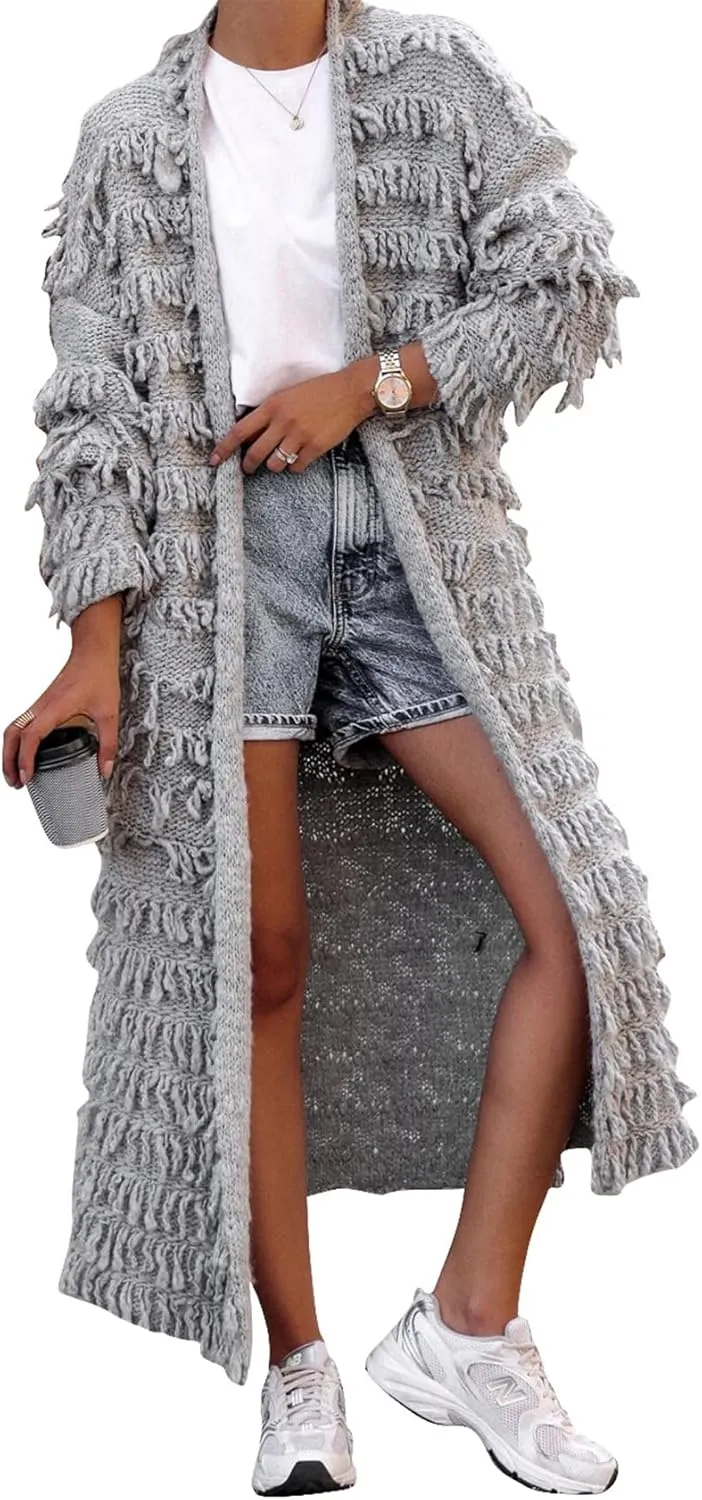 CXINS Womens Crochet Cable Knit Fringe Tassel Maxi Cardigans Open Front Long Sweater Cardigan Outwear