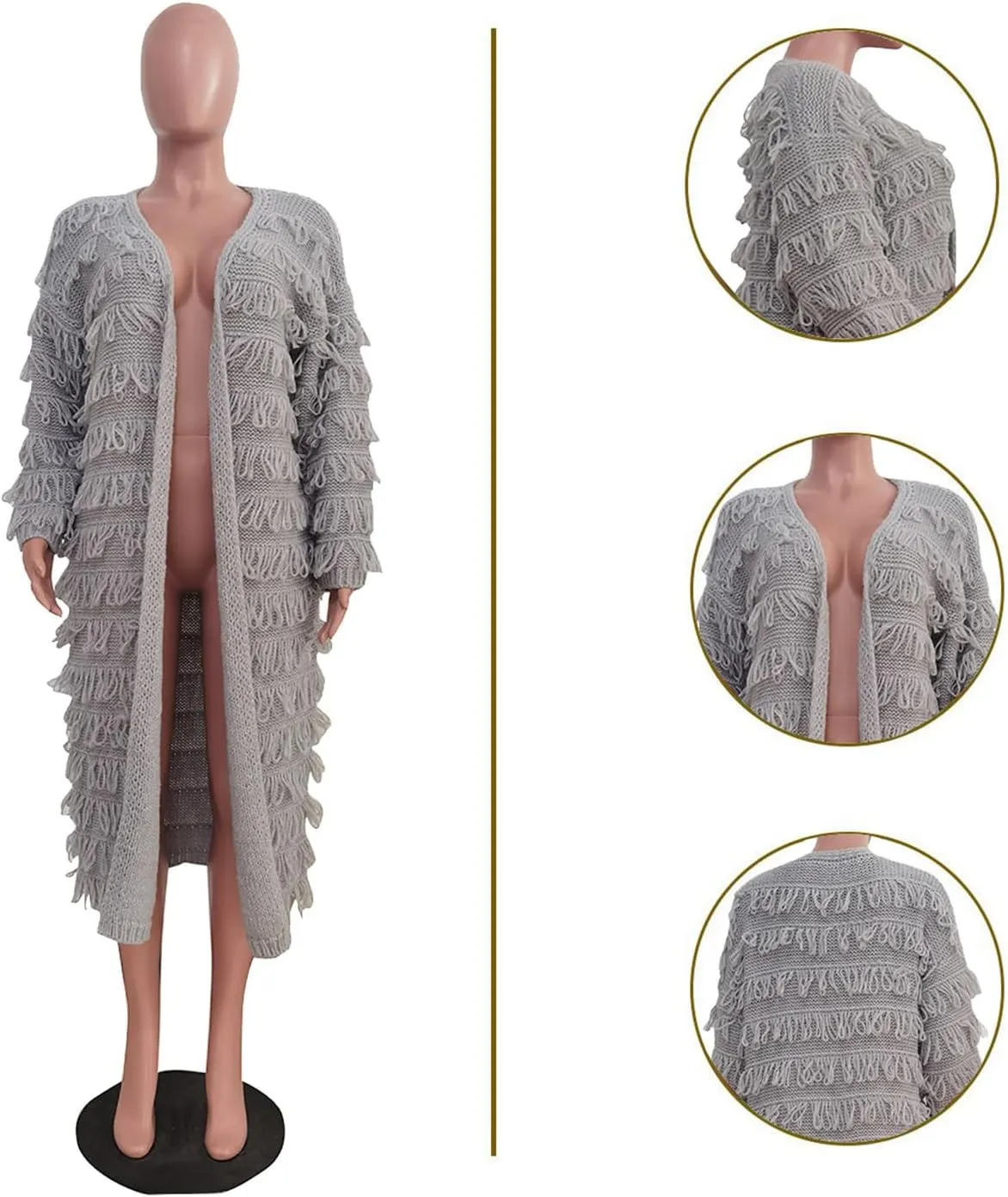 CXINS Womens Crochet Cable Knit Fringe Tassel Maxi Cardigans Open Front Long Sweater Cardigan Outwear