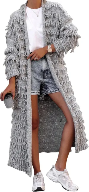 CXINS Womens Crochet Cable Knit Fringe Tassel Maxi Cardigans Open Front Long Sweater Cardigan Outwear