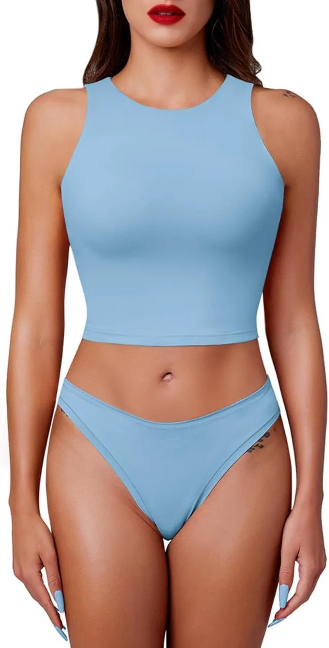 Cyanstyle Women's 3 Piece Tank Tops Sleeveless Halter Neck Raceback Double Lined Basic Tank Crop Tops