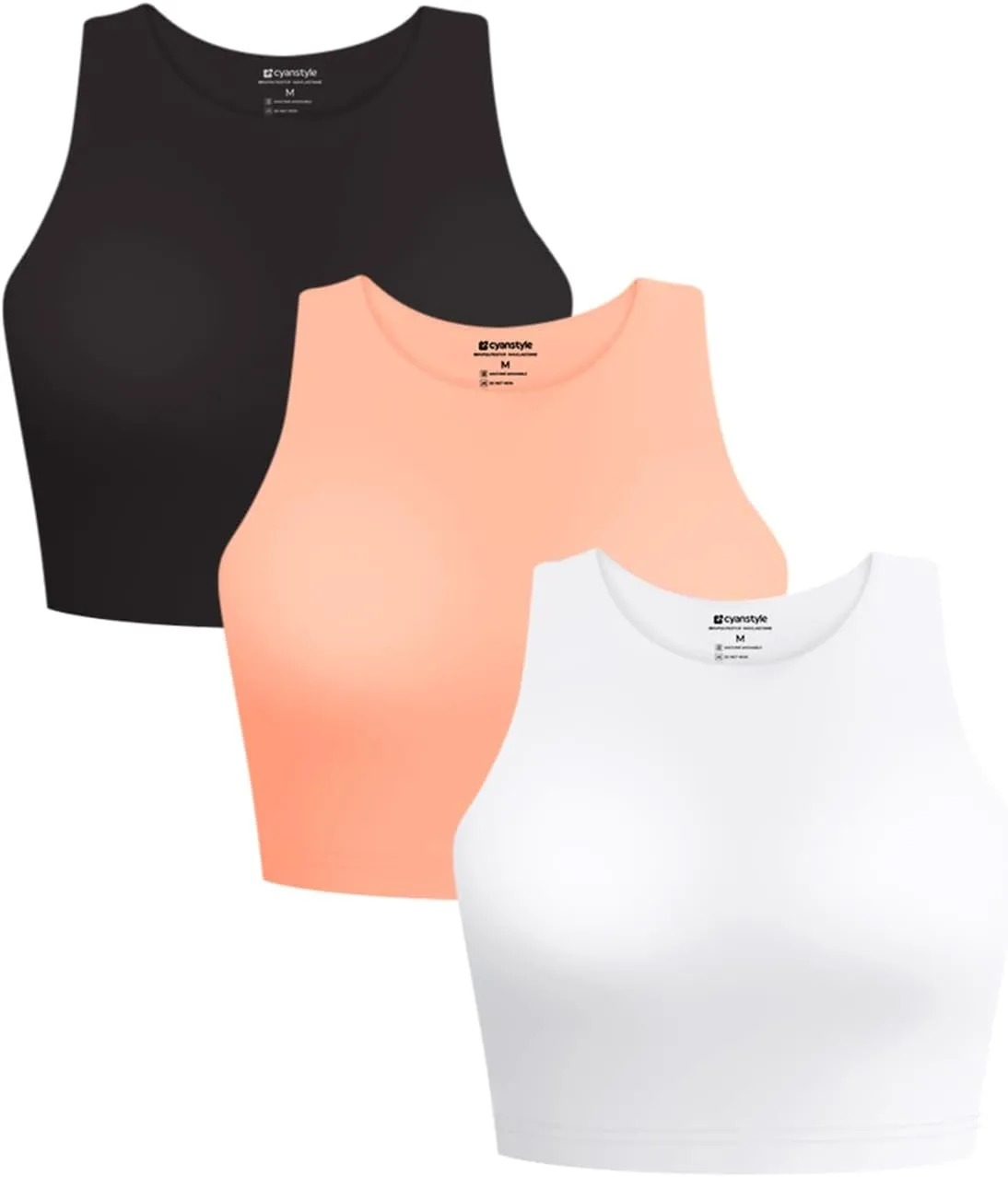 Cyanstyle Women's 3 Piece Tank Tops Sleeveless Halter Neck Raceback Double Lined Basic Tank Crop Tops