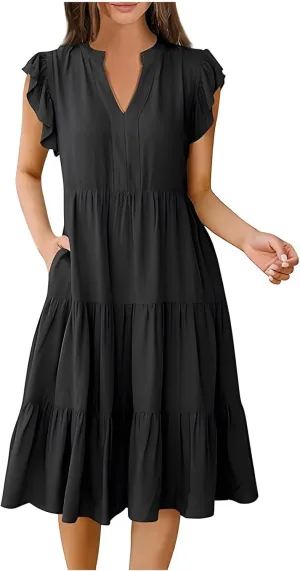 DDAPJ pyju Womens Summer Dresses Ruffle Sleeve V Neck Midi Dress 2025 Fashion Casual Flowy Tiered Beach Sundress with Pockets