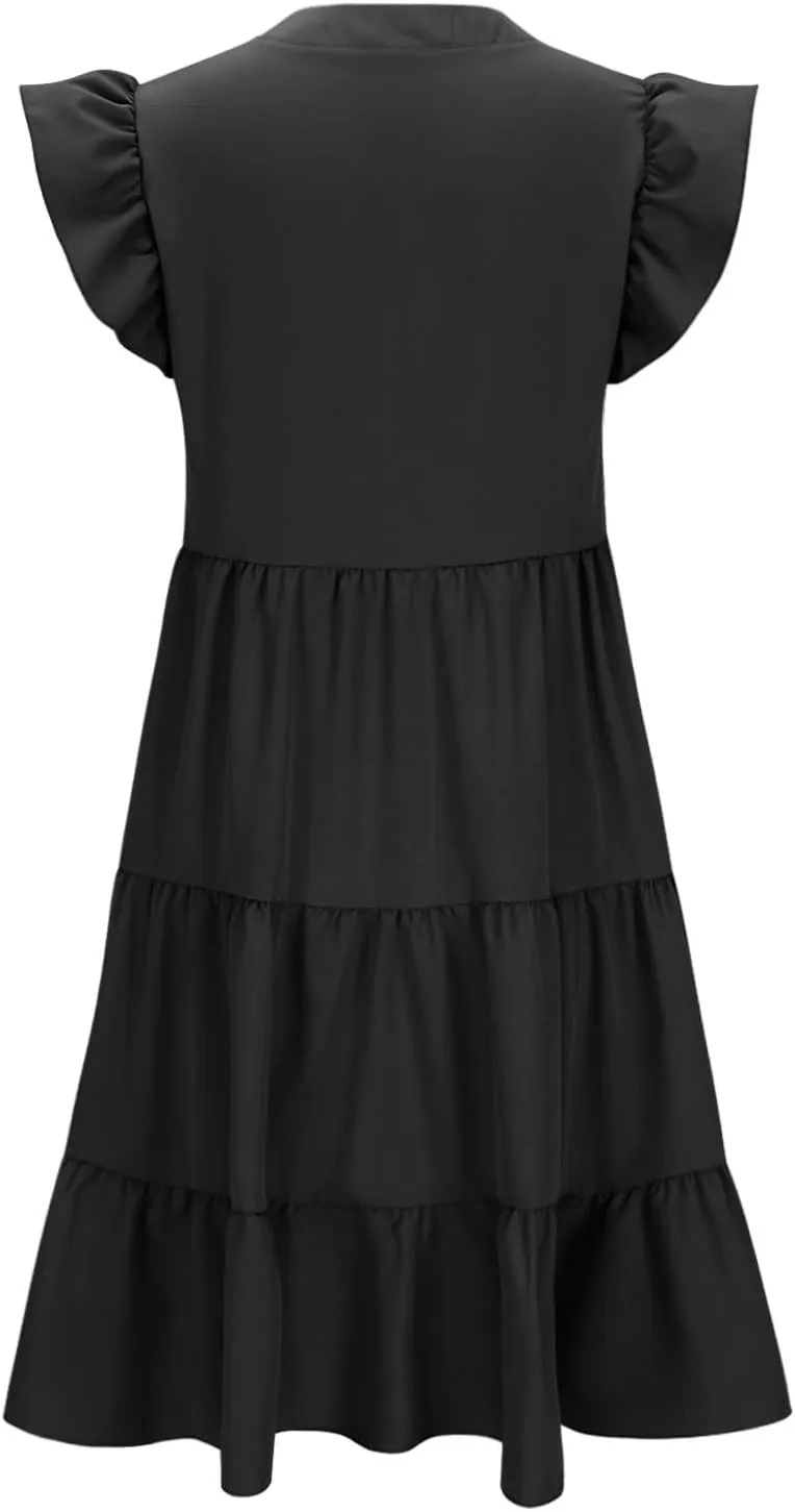 DDAPJ pyju Womens Summer Dresses Ruffle Sleeve V Neck Midi Dress 2025 Fashion Casual Flowy Tiered Beach Sundress with Pockets