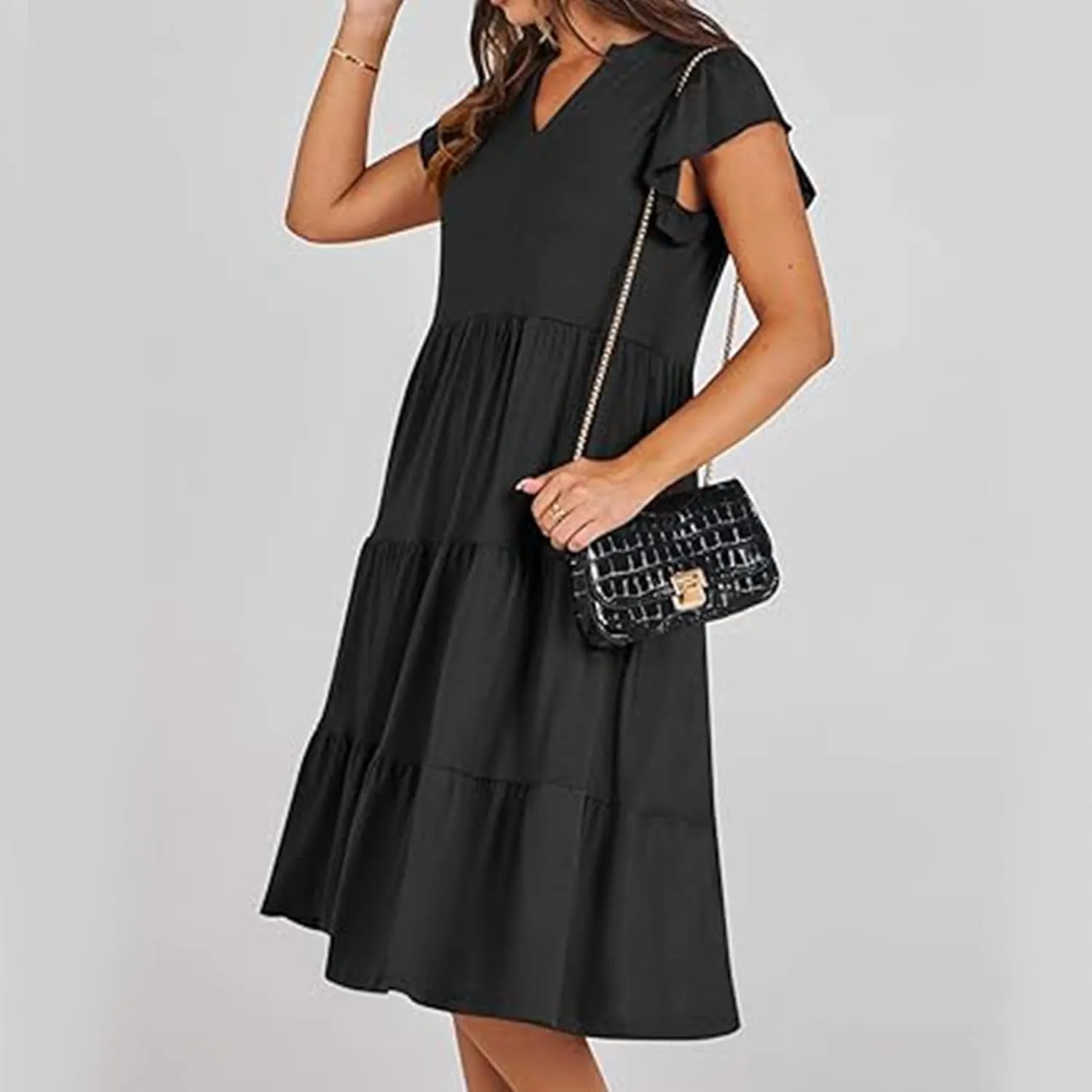 DDAPJ pyju Womens Summer Dresses Ruffle Sleeve V Neck Midi Dress 2025 Fashion Casual Flowy Tiered Beach Sundress with Pockets