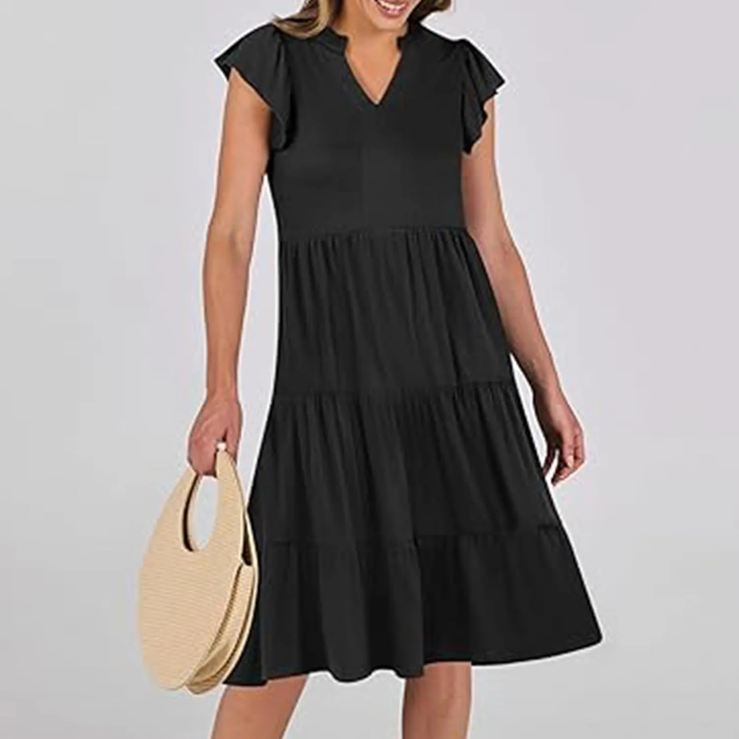 DDAPJ pyju Womens Summer Dresses Ruffle Sleeve V Neck Midi Dress 2025 Fashion Casual Flowy Tiered Beach Sundress with Pockets