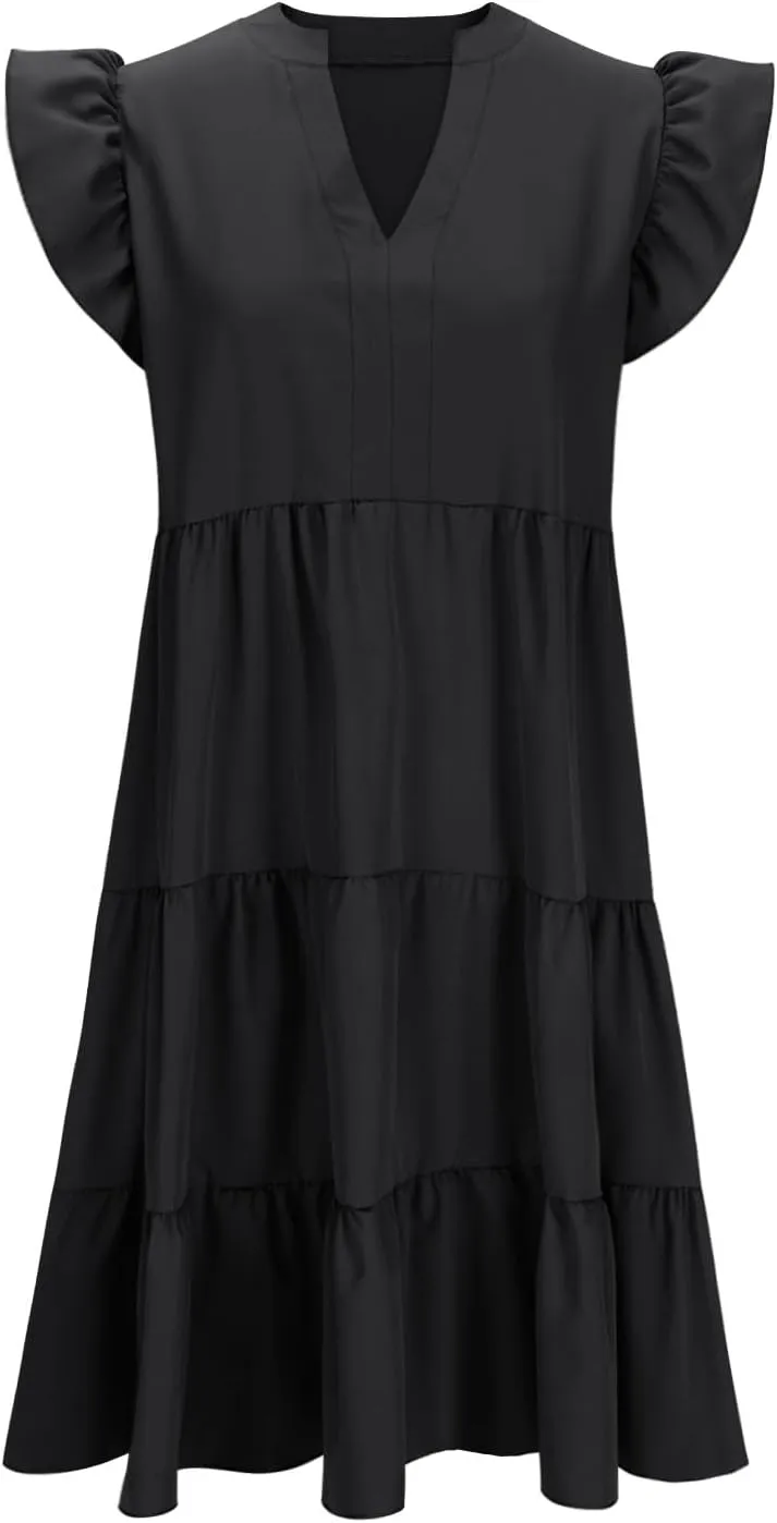 DDAPJ pyju Womens Summer Dresses Ruffle Sleeve V Neck Midi Dress 2025 Fashion Casual Flowy Tiered Beach Sundress with Pockets