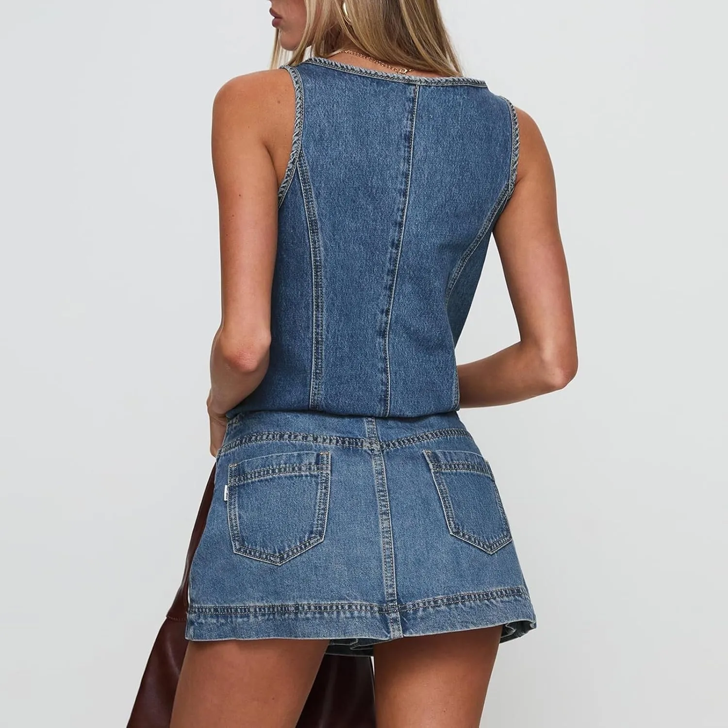 Denim Vest And Skirt Set Women 2 Piece Jean Outfits Sleeveless Tie Front Tank Top And Mini Skirt Going Out Clothes