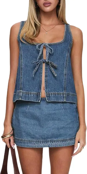 Denim Vest And Skirt Set Women 2 Piece Jean Outfits Sleeveless Tie Front Tank Top And Mini Skirt Going Out Clothes