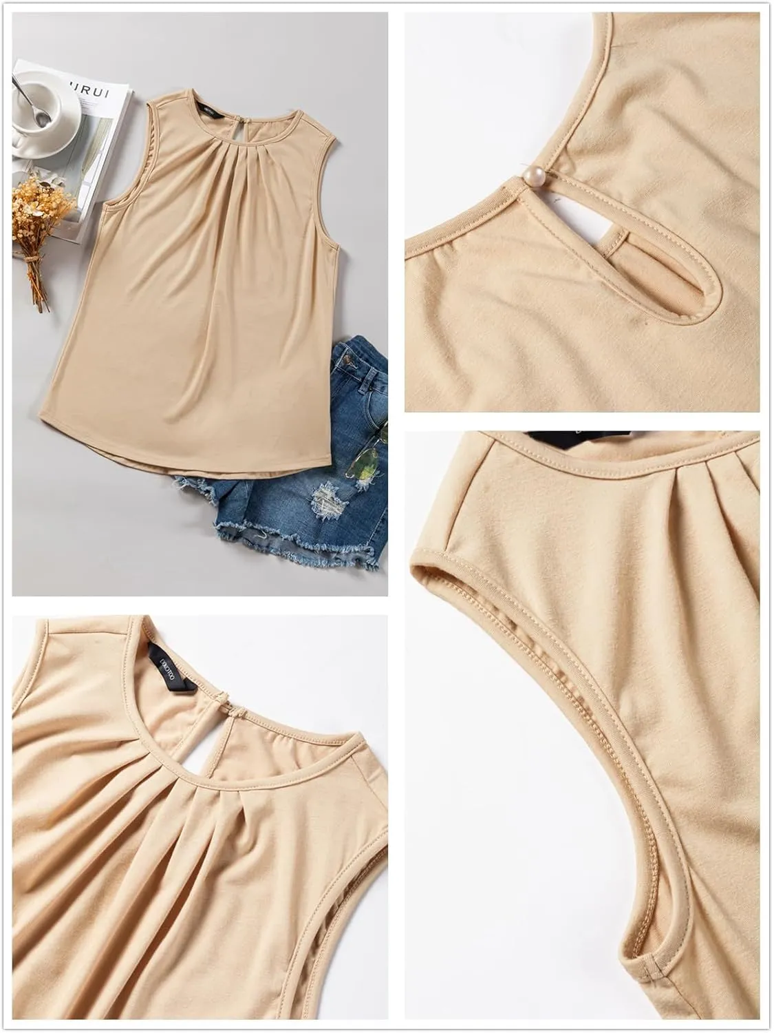 Dokotoo Tank Top for Women Round Neck Pleated Long Flowy Womens Tank Tops Loose Fit Summer Tops Cute Basic 2025