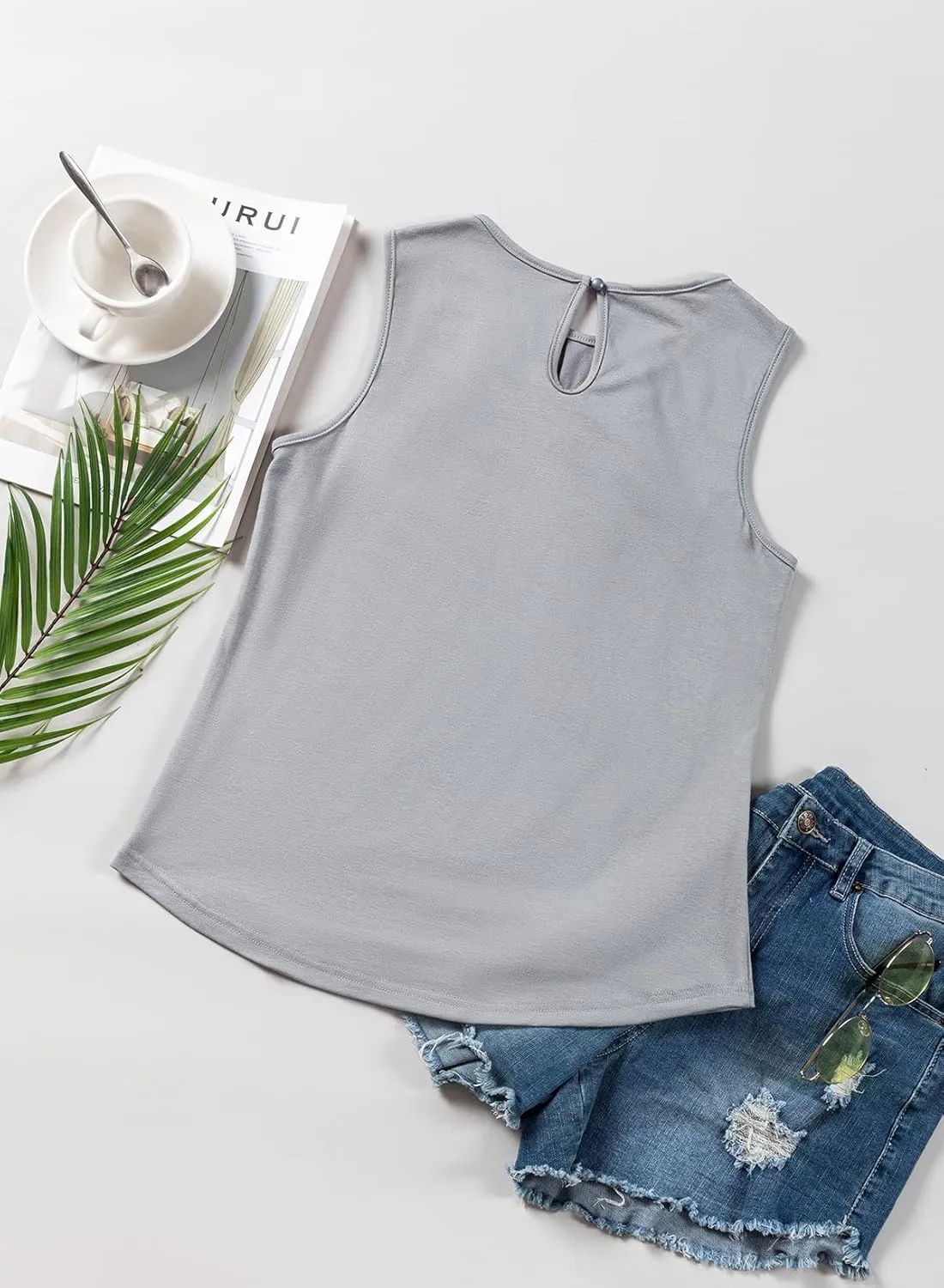 Dokotoo Tank Top for Women Round Neck Pleated Long Flowy Womens Tank Tops Loose Fit Summer Tops Cute Basic 2025
