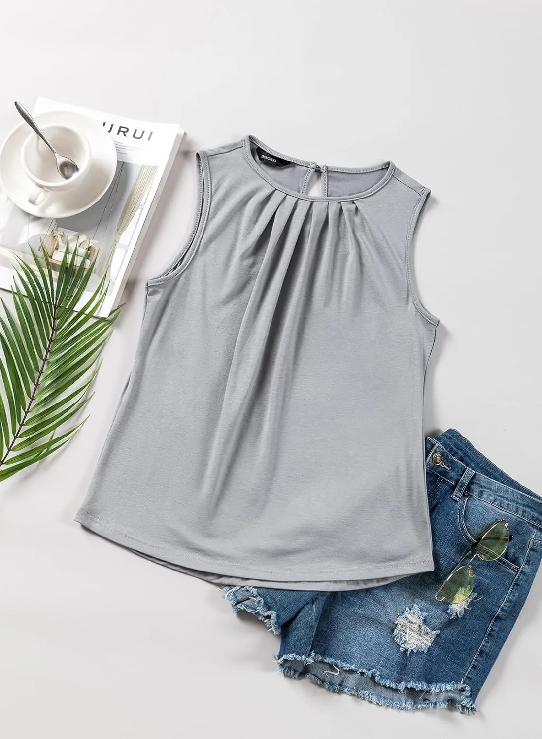 Dokotoo Tank Top for Women Round Neck Pleated Long Flowy Womens Tank Tops Loose Fit Summer Tops Cute Basic 2025