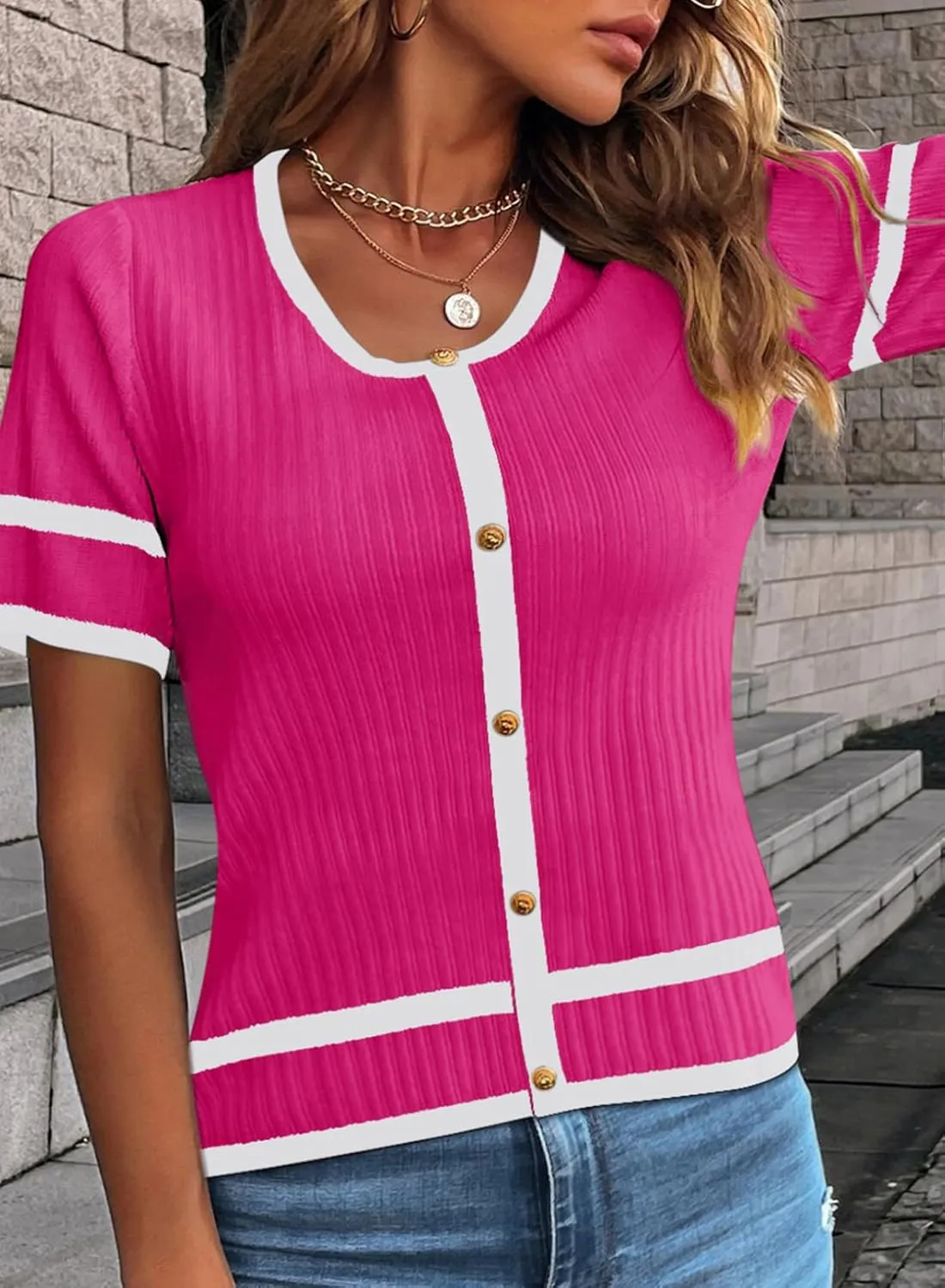 Dokotoo Womens 2024 Summer Short Sleeve Tops Casual Scoop Neck Color Block Button Down Knitted Shirts Blouses