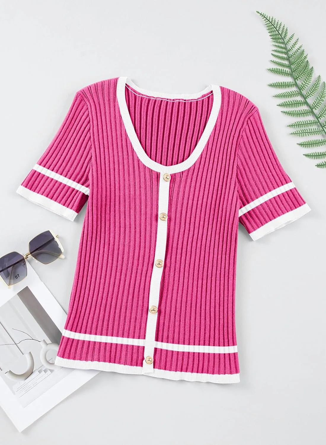 Dokotoo Womens 2024 Summer Short Sleeve Tops Casual Scoop Neck Color Block Button Down Knitted Shirts Blouses