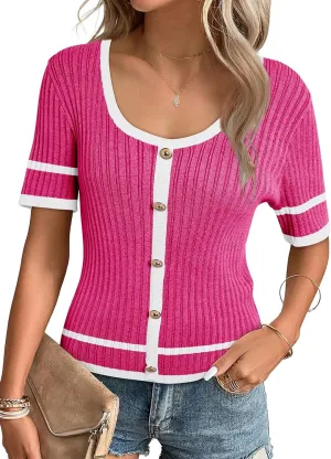 Dokotoo Womens 2024 Summer Short Sleeve Tops Casual Scoop Neck Color Block Button Down Knitted Shirts Blouses