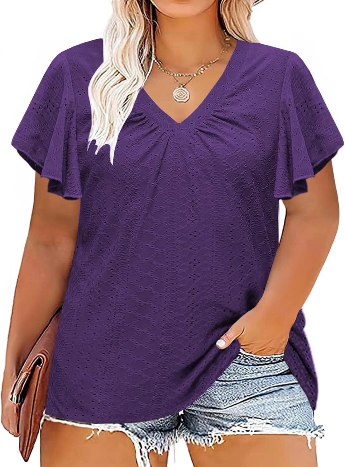 DOLNINE Womens Plus-Size Tops Ruffle Short Sleeve Summer Casual V Neck Loose Shirts