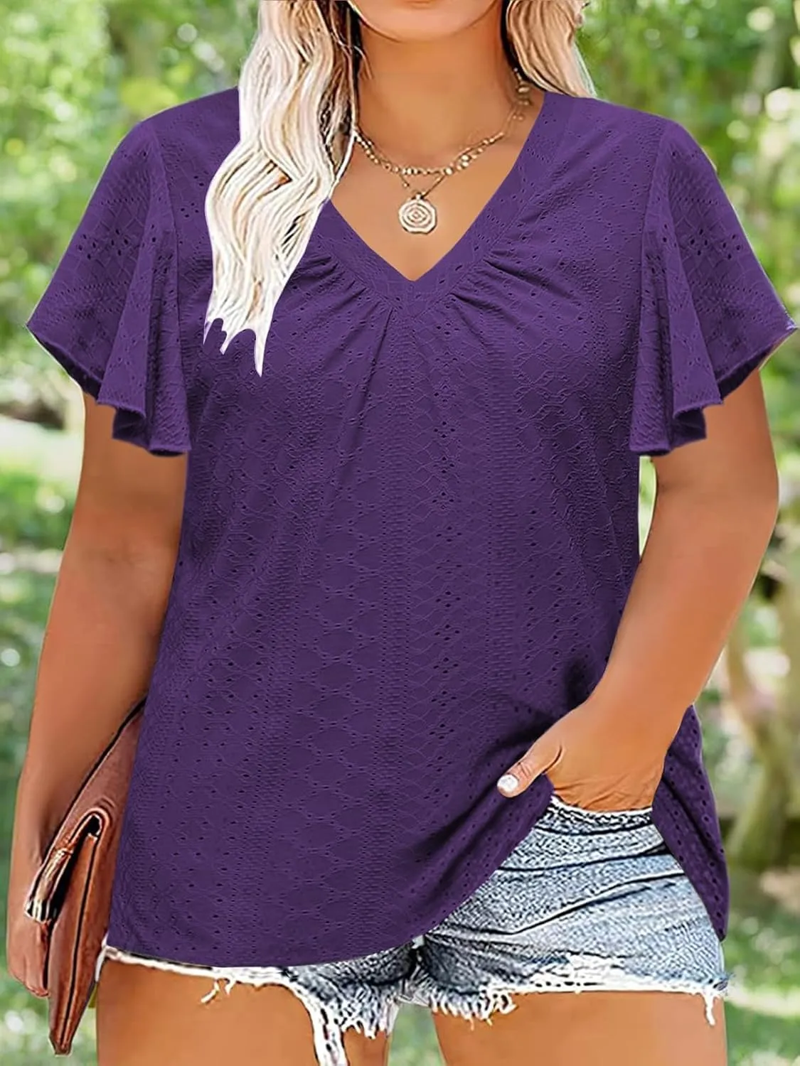 DOLNINE Womens Plus-Size Tops Ruffle Short Sleeve Summer Casual V Neck Loose Shirts