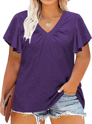 DOLNINE Womens Plus-Size Tops Ruffle Short Sleeve Summer Casual V Neck Loose Shirts
