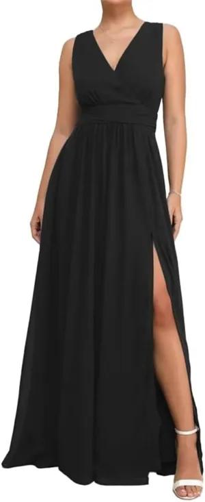 Double V Neck Bridesmaid Dresses for Wedding Guest Chiffon Formal Evening Party Prom Maxi Gown with Slit AN368