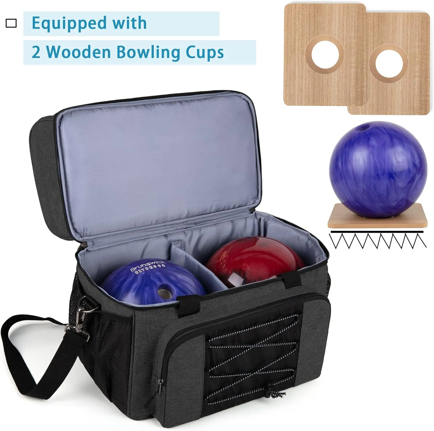 DSLEAF Bowling Bag for 2 Balls, Bowling Tote with Wooden Bowling Cups and Padded Divider for Double Ball and A Pair of Bowling Shoes Up to Mens 16 and Extra Essentials (Patent Design), Bag Only