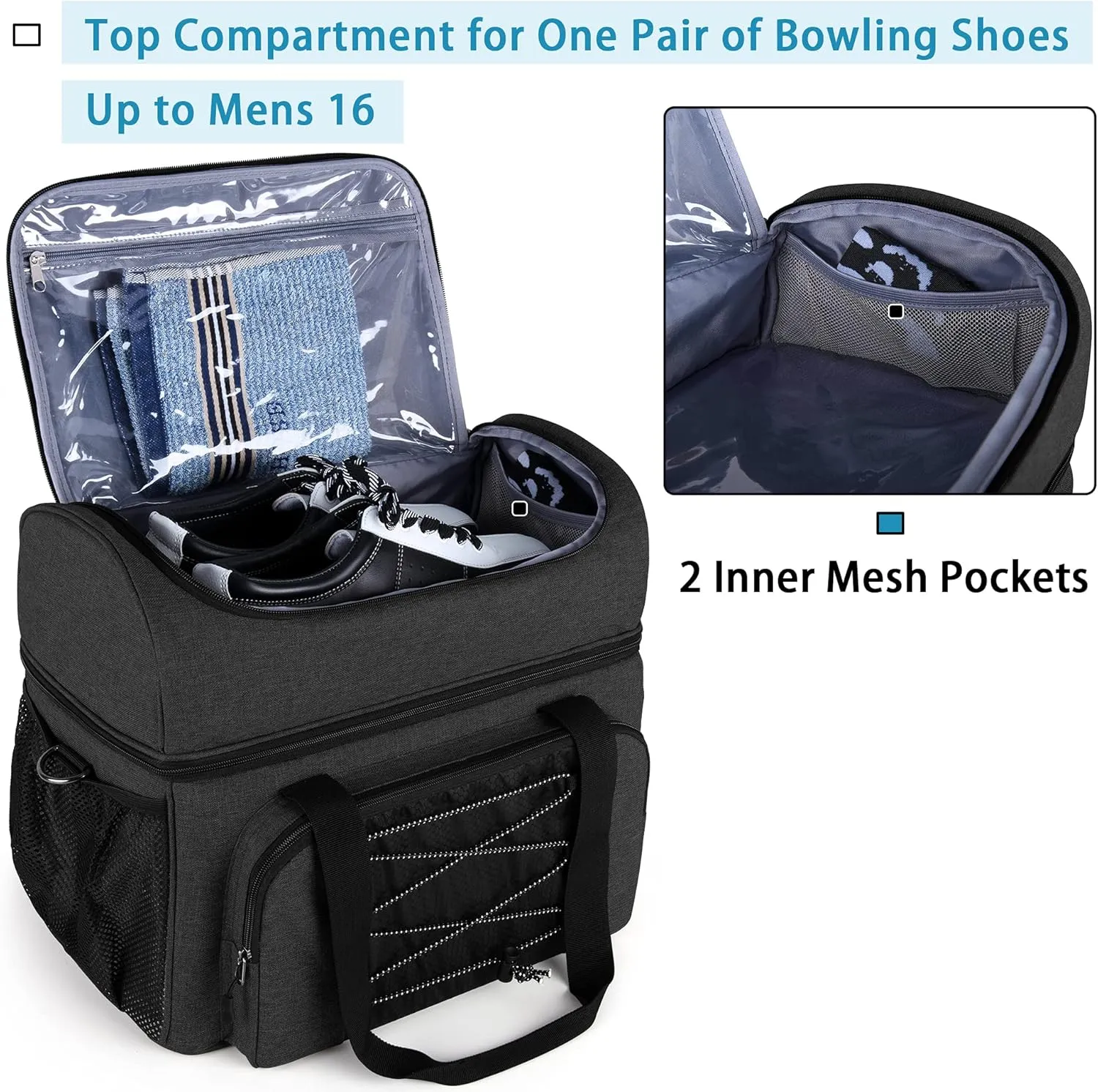 DSLEAF Bowling Bag for 2 Balls, Bowling Tote with Wooden Bowling Cups and Padded Divider for Double Ball and A Pair of Bowling Shoes Up to Mens 16 and Extra Essentials (Patent Design), Bag Only