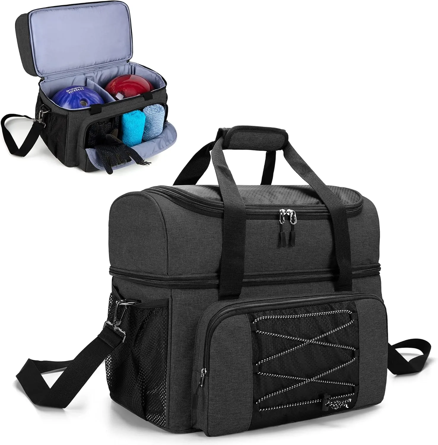 DSLEAF Bowling Bag for 2 Balls, Bowling Tote with Wooden Bowling Cups and Padded Divider for Double Ball and A Pair of Bowling Shoes Up to Mens 16 and Extra Essentials (Patent Design), Bag Only