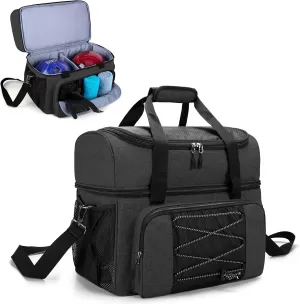 DSLEAF Bowling Bag for 2 Balls, Bowling Tote with Wooden Bowling Cups and Padded Divider for Double Ball and A Pair of Bowling Shoes Up to Mens 16 and Extra Essentials (Patent Design), Bag Only
