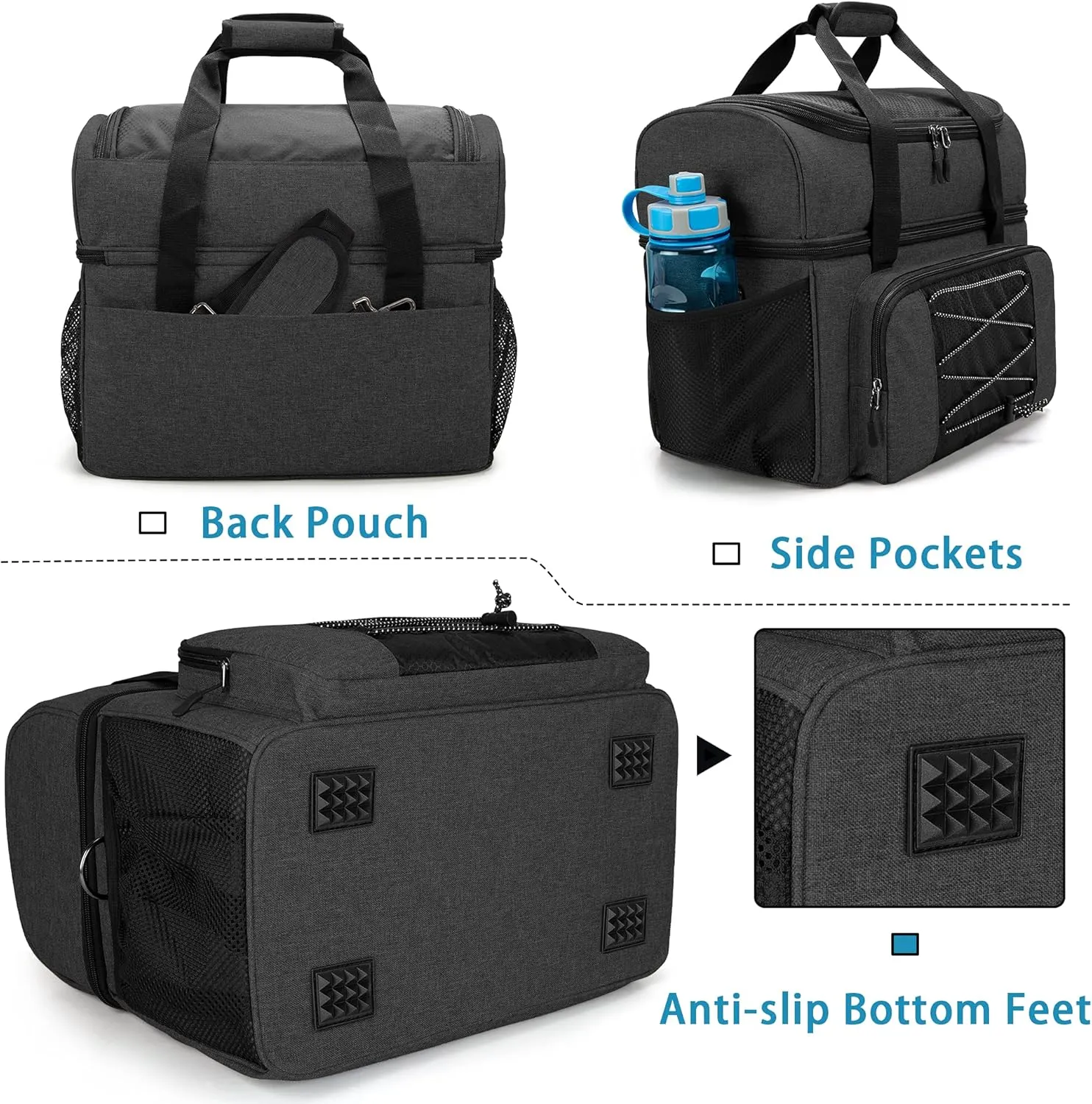 DSLEAF Bowling Bag for 2 Balls, Bowling Tote with Wooden Bowling Cups and Padded Divider for Double Ball and A Pair of Bowling Shoes Up to Mens 16 and Extra Essentials (Patent Design), Bag Only