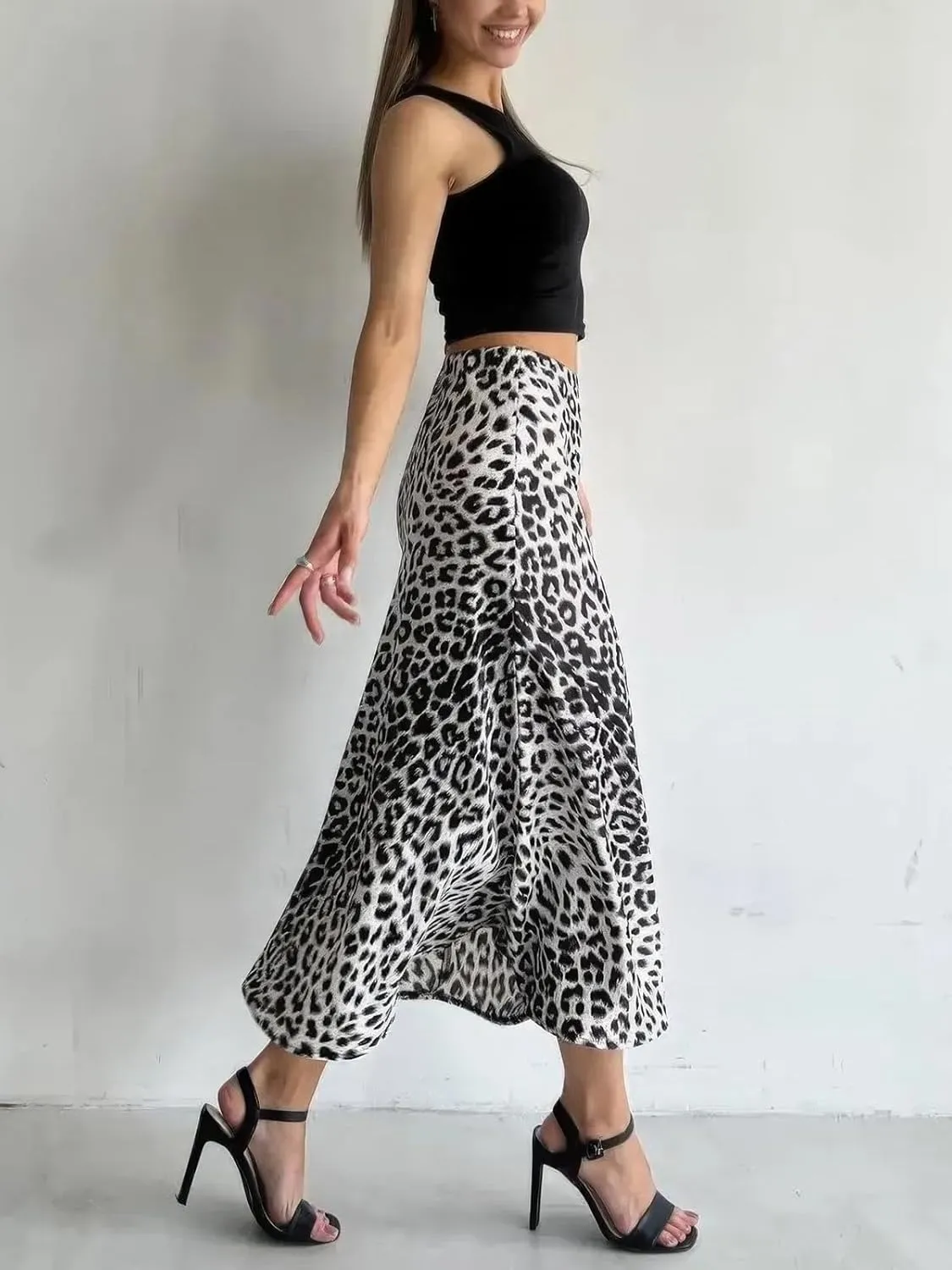 ebossy Women's Elegant Leopard Print Long Satin Skirt Silk Dressy Hidden Elastic Waist Flared A-Line Maxi Skirts