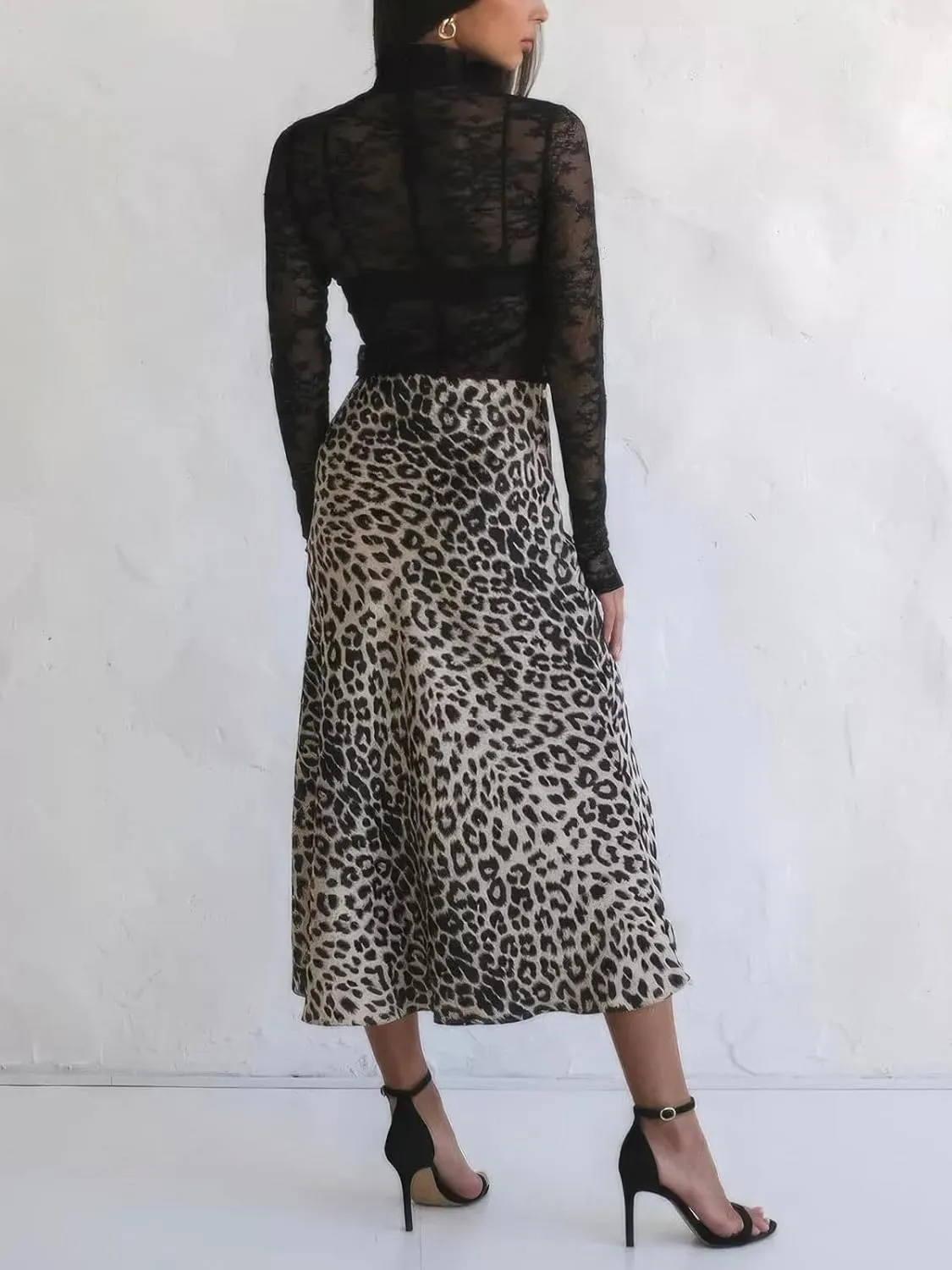 ebossy Women's Elegant Leopard Print Long Satin Skirt Silk Dressy Hidden Elastic Waist Flared A-Line Maxi Skirts