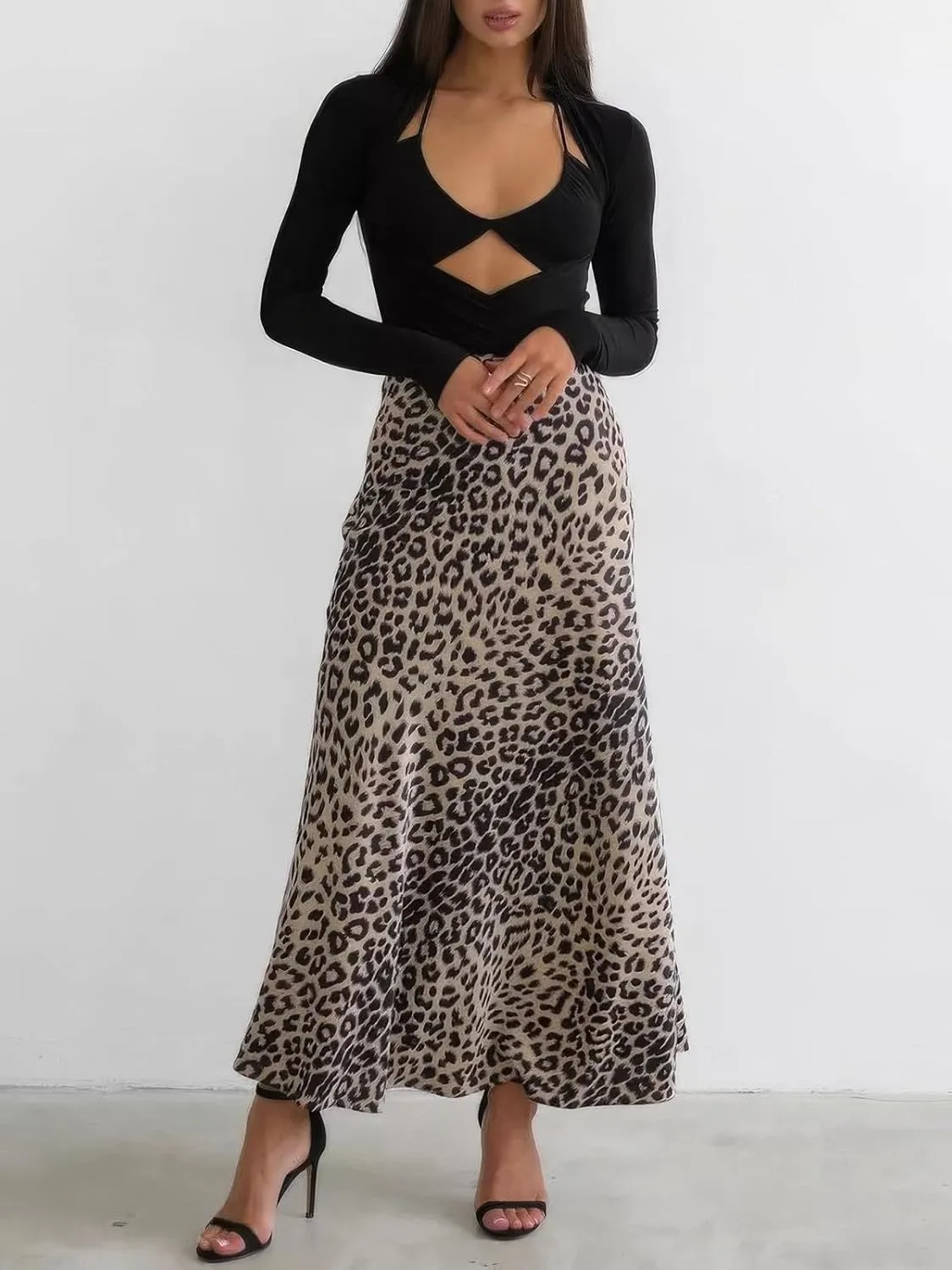ebossy Women's Elegant Leopard Print Long Satin Skirt Silk Dressy Hidden Elastic Waist Flared A-Line Maxi Skirts