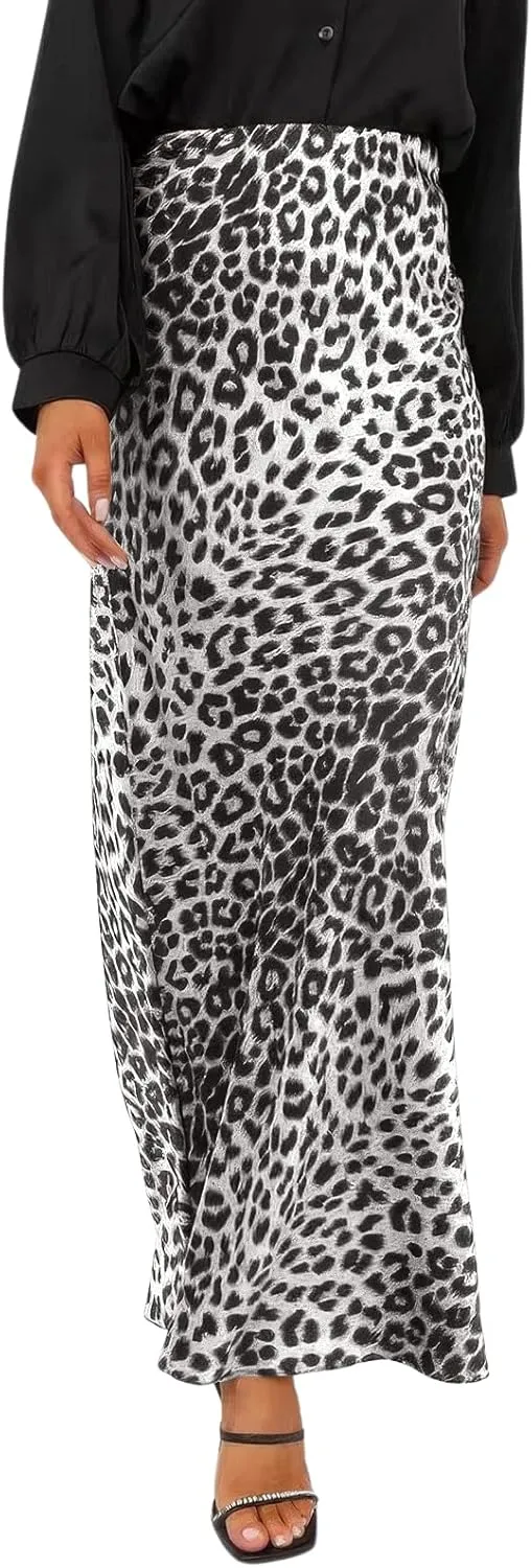 ebossy Women's Elegant Leopard Print Long Satin Skirt Silk Dressy Hidden Elastic Waist Flared A-Line Maxi Skirts