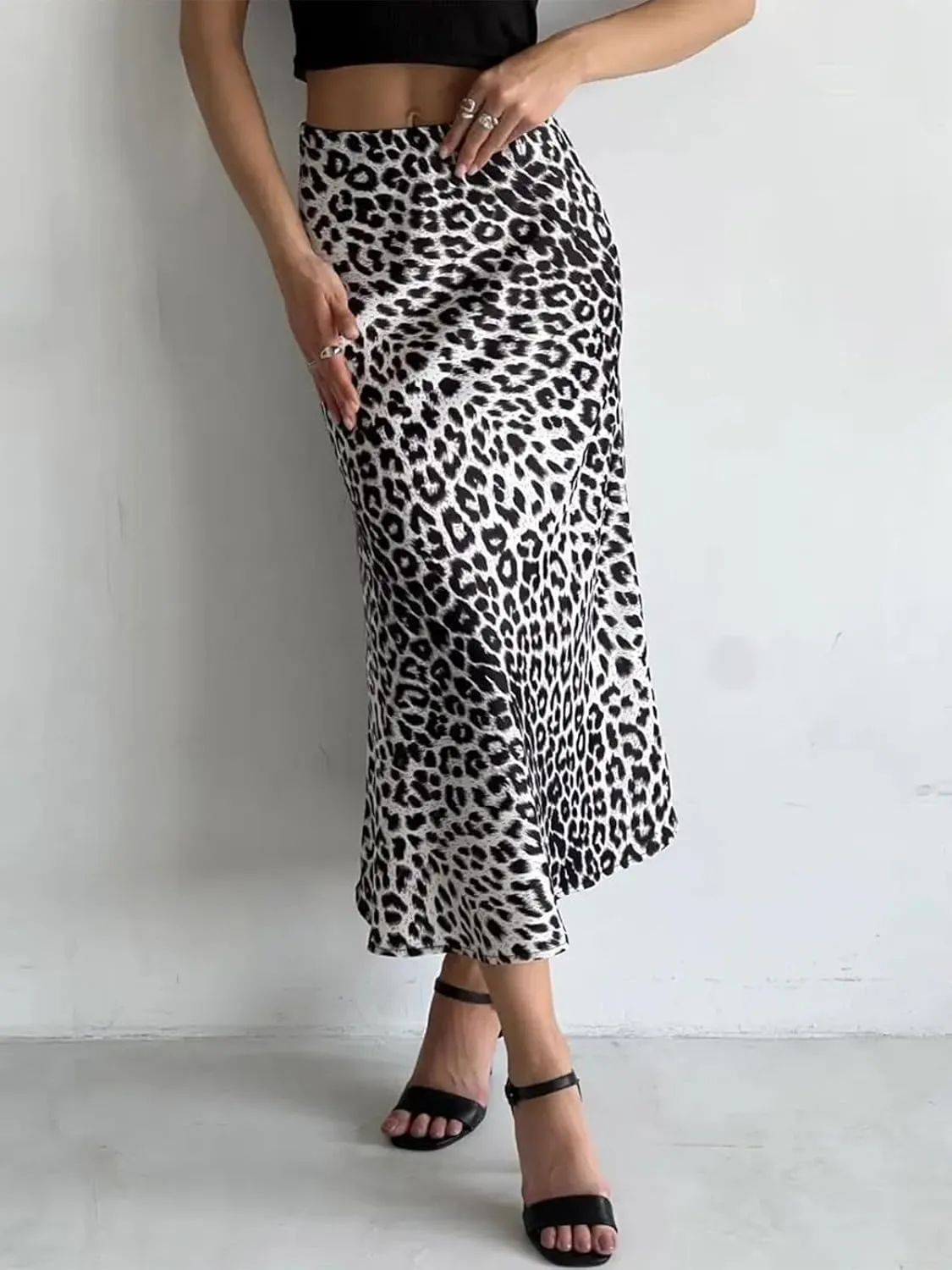 ebossy Women's Elegant Leopard Print Long Satin Skirt Silk Dressy Hidden Elastic Waist Flared A-Line Maxi Skirts