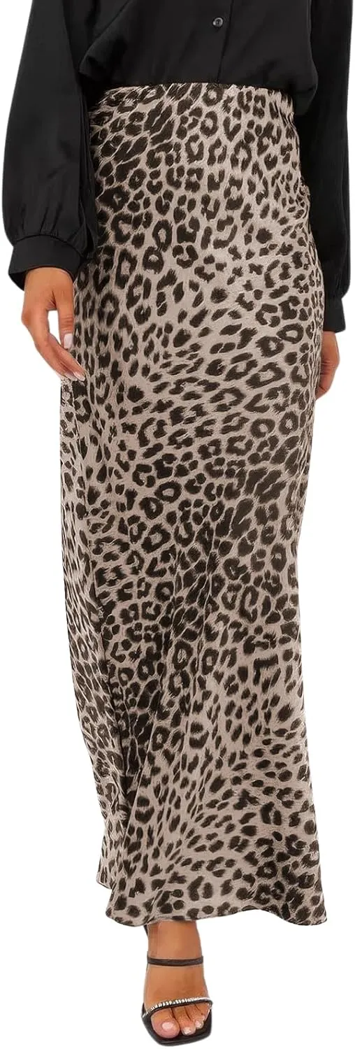 ebossy Women's Elegant Leopard Print Long Satin Skirt Silk Dressy Hidden Elastic Waist Flared A-Line Maxi Skirts
